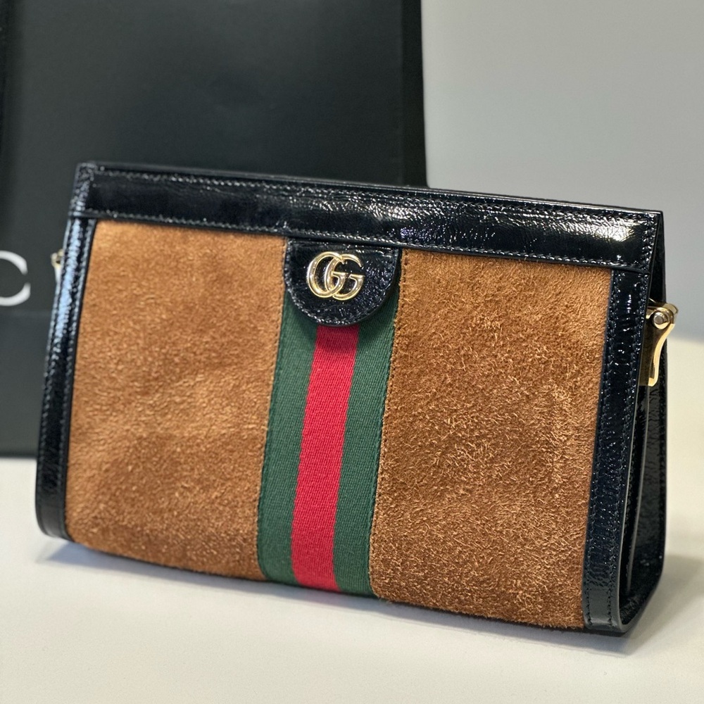 Gucci Ophidia Small Brown Suede Black Patent Leather Web Stripe GG Bag